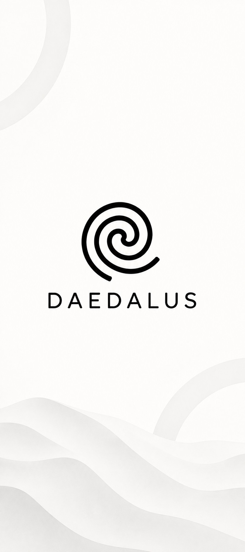 Monochrome wallpaper with soft layered waves and the Daedalus spiral mark